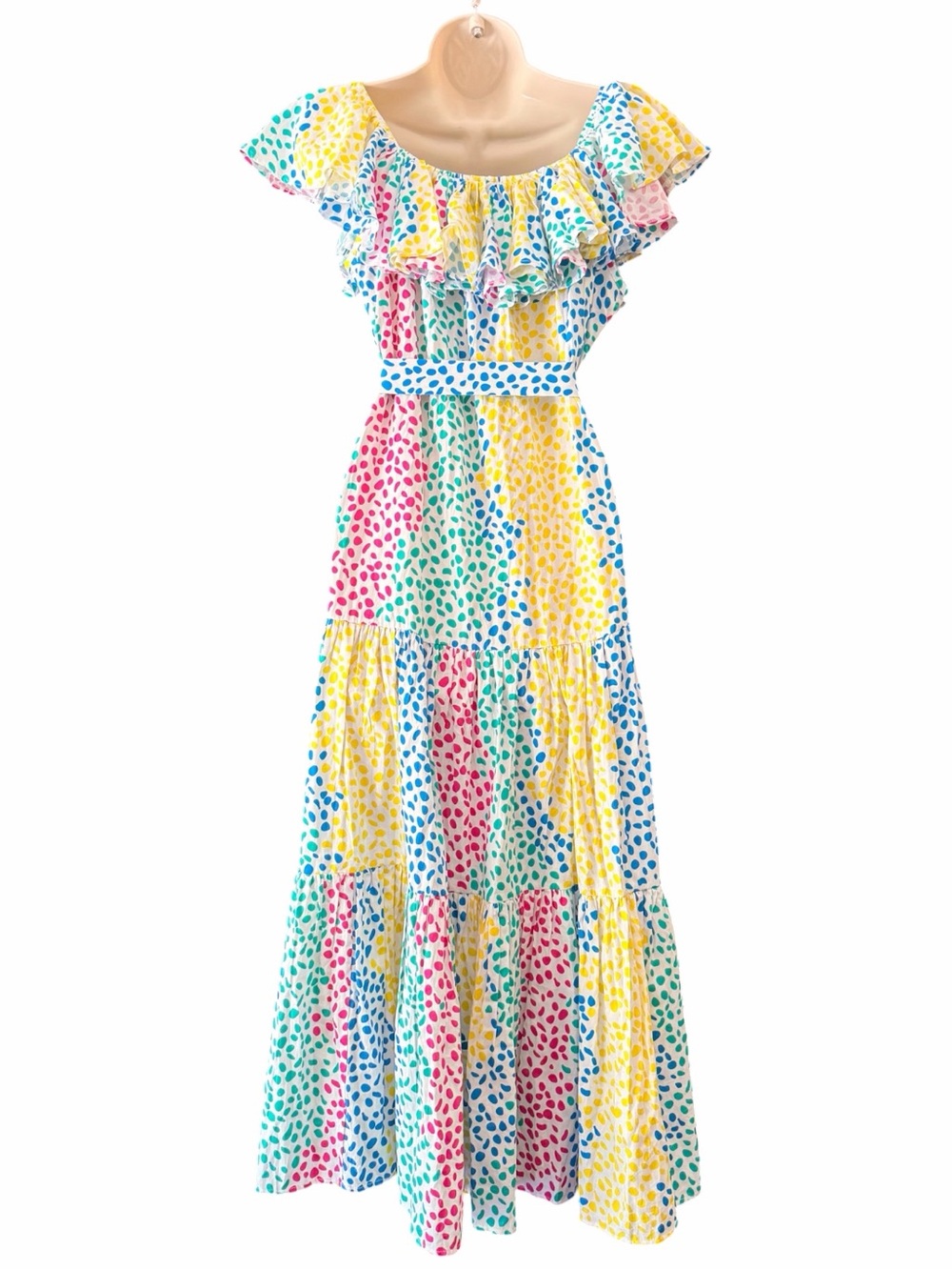 Paolita Off-Shoulder Maxi Dress in Blue, Yellow, Pink & Green Polka Dot Small - Picture 3 of 6
